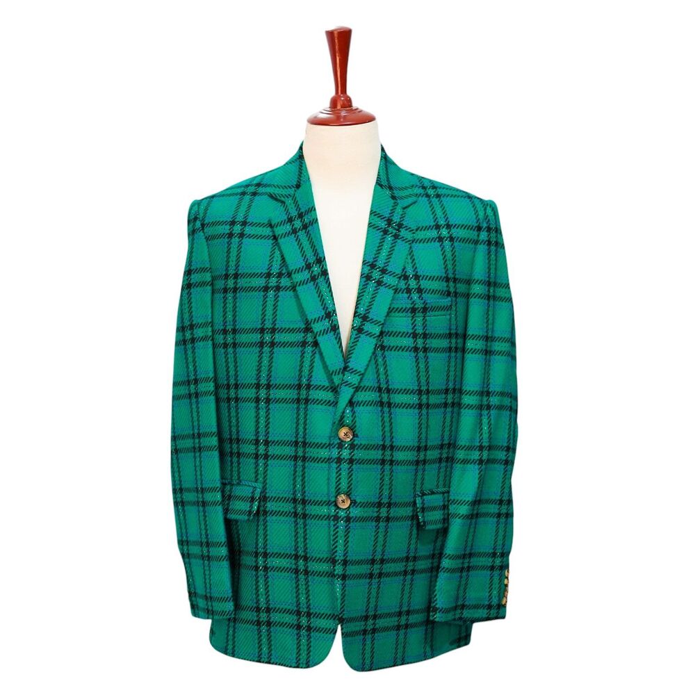 Mens Wool Sport Coat 44R Green Black Plaid Blazer 2Btn Wedding Formal Preppy